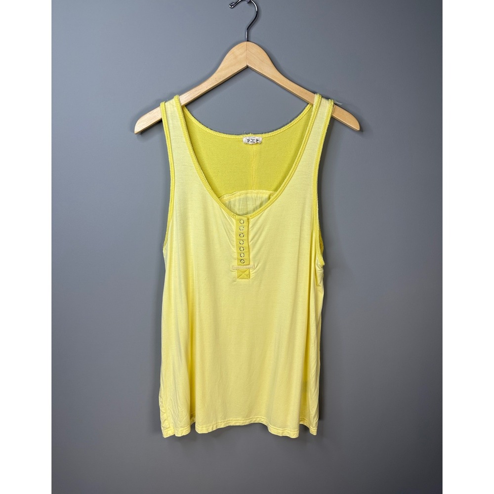 POL Tank Top Women Size M Yellow Henley Mixed Media Ribbed Knit Sleeveless